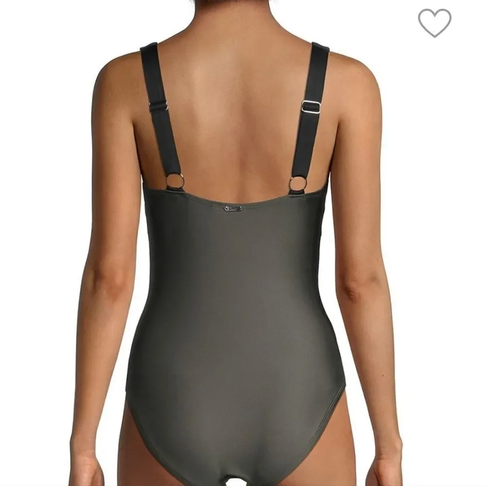 DKNY Black Contrast-Trim olive Army Green Women's  One-Piece Swimsuit sz 10 - Picture 3 of 8